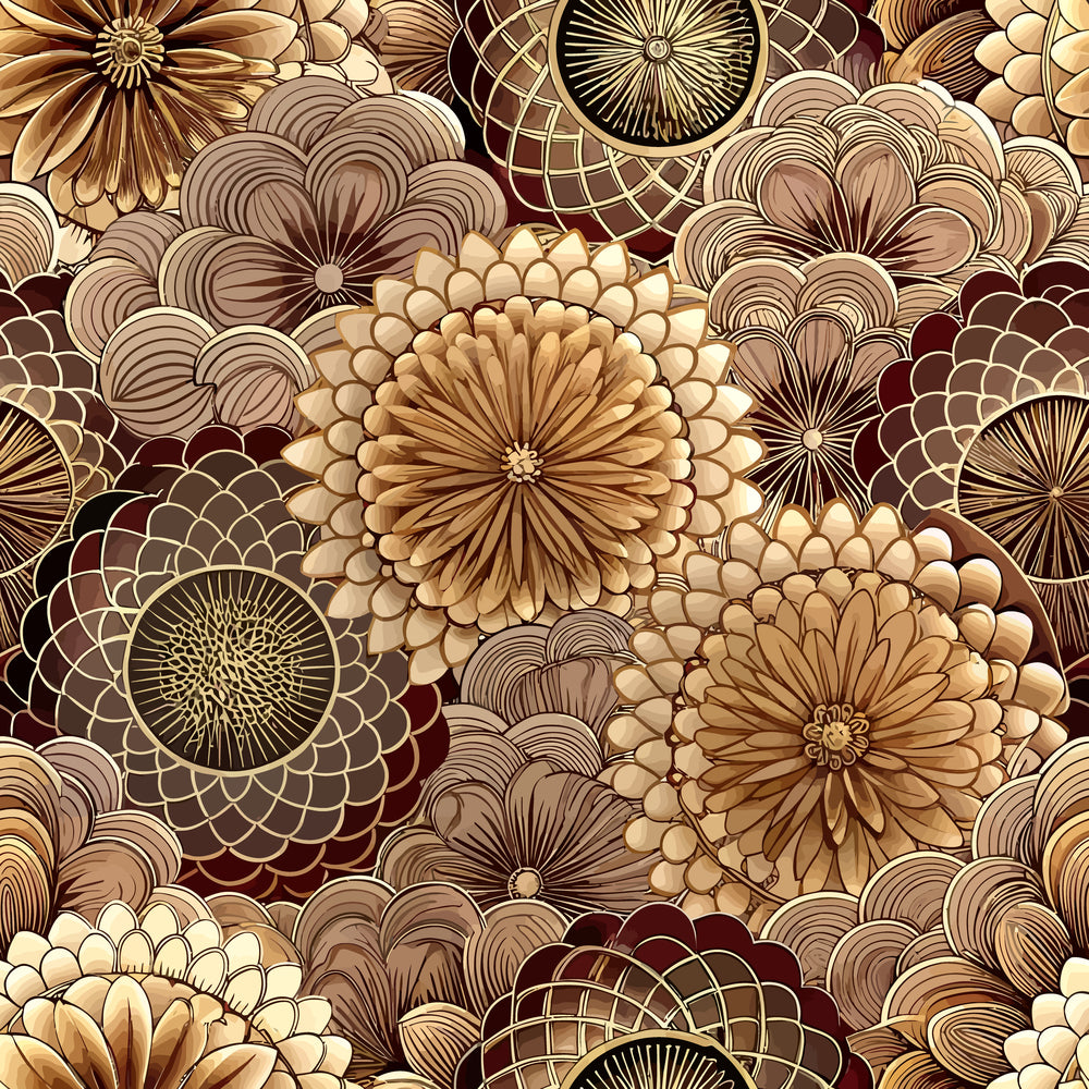 art deco, floral pattern, brown tones, cream colors, burgundy accents, geometric flowers, stylized blooms, vintage motif,, fabric panel, repeating design, ornate florals, retro style, warm palette, decorative circles, layered petals, intricate details, seamless pattern