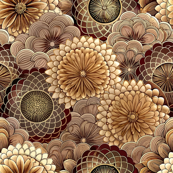 art deco, floral pattern, brown tones, cream colors, burgundy accents, geometric flowers, stylized blooms, vintage motif,, fabric panel, repeating design, ornate florals, retro style, warm palette, decorative circles, layered petals, intricate details, seamless pattern