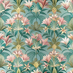 mint green, coral pink, sage green, cream, tropical flowers, lilies, pineapples, palm fronds, art deco style, botanical pattern, vintage floral,, fabric panel, tropical motifs, layered foliage, exotic blooms, retro aesthetic, jungle paradise, cotton fabric, repeating pattern