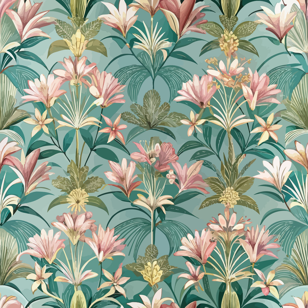 mint green, coral pink, sage green, cream, tropical flowers, lilies, pineapples, palm fronds, art deco style, botanical pattern, vintage floral,, fabric panel, tropical motifs, layered foliage, exotic blooms, retro aesthetic, jungle paradise, cotton fabric, repeating pattern