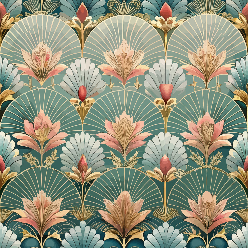 art deco, floral pattern, teal green, coral pink, gold accents, fan motifs, lotus flowers, geometric florals, stylized blooms, ornate design, vintage style, decorative shells, peacock feathers, elegant motifs,, fabric panel, repeating pattern, 1920s inspired, luxurious feel