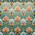 art deco, floral pattern, teal green, coral pink, gold accents, fan motifs, lotus flowers, geometric florals, stylized blooms, ornate design, vintage style, decorative shells, peacock feathers, elegant motifs,, fabric panel, repeating pattern, 1920s inspired, luxurious feel