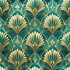 emerald green, gold, cream, art deco, floral pattern, fan motifs, geometric florals, stylized leaves, peacock feathers, ornate design, 1920s style, elegant motifs,, fabric panel, sophisticated pattern, decorative elements, vintage inspired, luxurious appearance, repeating pattern