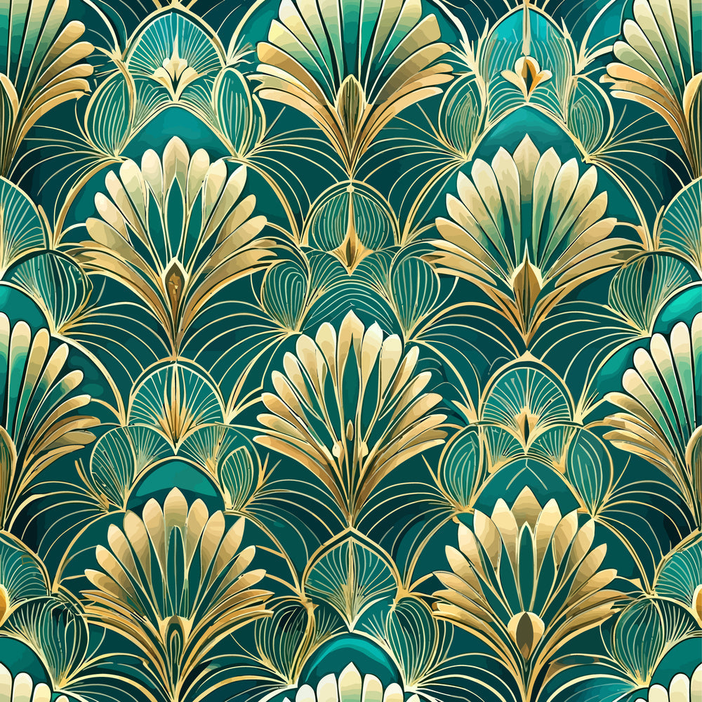 emerald green, gold, cream, art deco, floral pattern, fan motifs, geometric florals, stylized leaves, peacock feathers, ornate design, 1920s style, elegant motifs,, fabric panel, sophisticated pattern, decorative elements, vintage inspired, luxurious appearance, repeating pattern