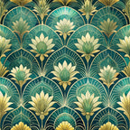art deco, emerald green, teal, gold accents, cream white, geometric florals, fan motifs, lotus flowers, stylized blooms, radiating patterns, vintage style, elegant design,, fabric panel, luxurious feel, 1920s inspired, decorative motifs, botanical elements, sophisticated pattern, jewel tones