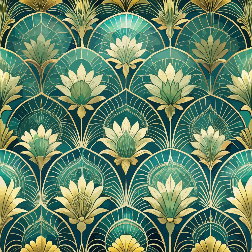 art deco, emerald green, teal, gold accents, cream white, geometric florals, fan motifs, lotus flowers, stylized blooms, radiating patterns, vintage style, elegant design,, fabric panel, luxurious feel, 1920s inspired, decorative motifs, botanical elements, sophisticated pattern, jewel tones