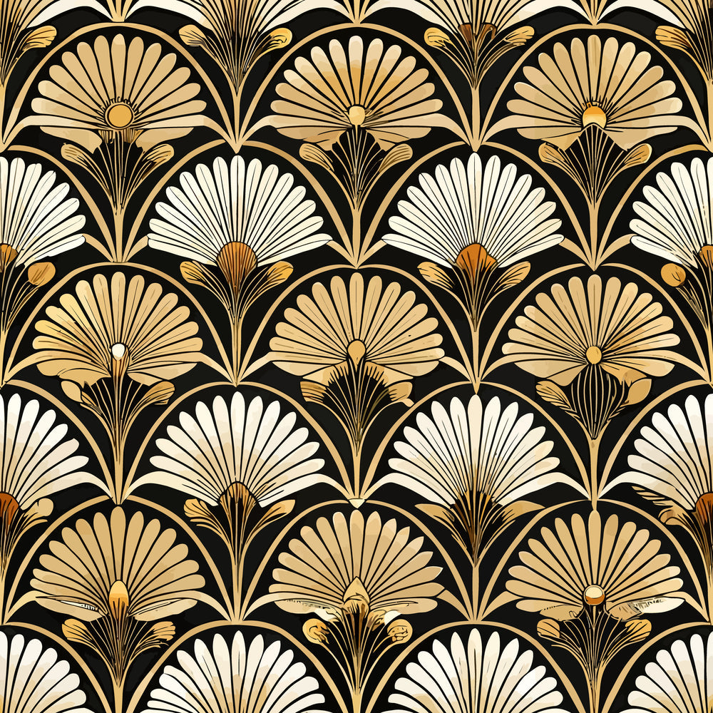 art deco, geometric florals, fan motifs, shell patterns, black background, gold accents, cream colored, beige tones, repeating pattern, stylized flowers, vintage style,, fabric panel, 1920s inspired, radiating design, scalloped edges, luxurious appearance, ornate details, symmetrical layout
