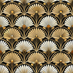 art deco, geometric florals, fan motifs, shell patterns, black background, gold accents, cream colored, beige tones, repeating pattern, stylized flowers, vintage style,, fabric panel, 1920s inspired, radiating design, scalloped edges, luxurious appearance, ornate details, symmetrical layout