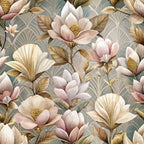 art deco, floral pattern, magnolia blossoms, fan motifs, sage green, dusty pink, cream, golden yellow, botanical design, vintage style, repeating pattern,, fabric panel, elegant florals, muted tones, geometric fans, soft petals, nature inspired, sophisticated pattern, premium fabric