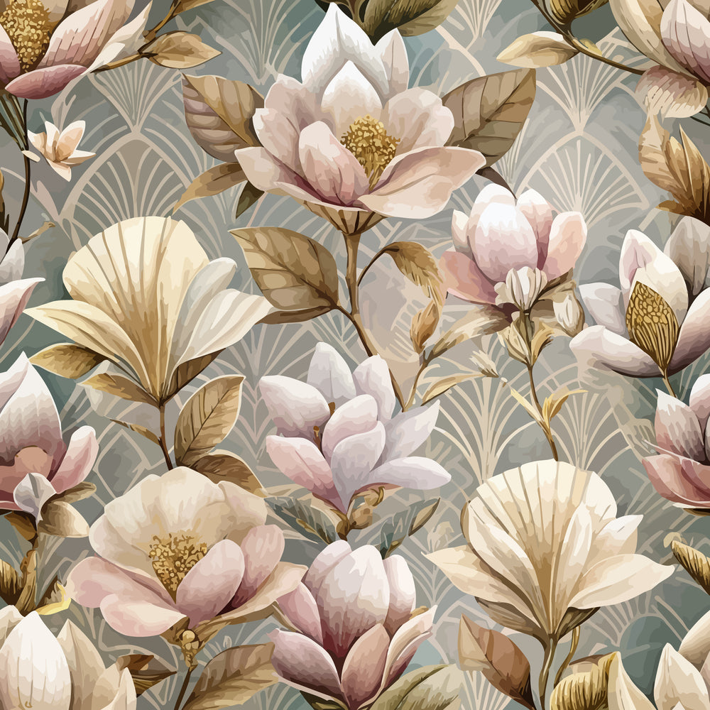 art deco, floral pattern, magnolia blossoms, fan motifs, sage green, dusty pink, cream, golden yellow, botanical design, vintage style, repeating pattern,, fabric panel, elegant florals, muted tones, geometric fans, soft petals, nature inspired, sophisticated pattern, premium fabric