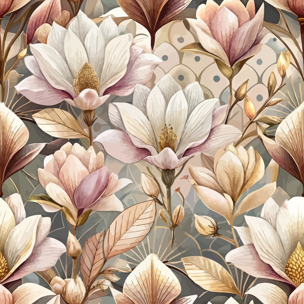 blush pink, cream white, sage green, golden brown, magnolia flowers, botanical pattern, art deco style, floral motif,, fabric panel, vintage inspired, elegant florals, nature design, soft pastels, decorative leaves, blooming flowers, botanical illustration, sophisticated pattern, muted tones, spring flowers