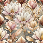 blush pink, cream white, sage green, golden brown, magnolia flowers, botanical pattern, art deco style, floral motif,, fabric panel, vintage inspired, elegant florals, nature design, soft pastels, decorative leaves, blooming flowers, botanical illustration, sophisticated pattern, muted tones, spring flowers