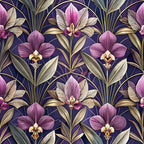 purple orchids, art deco florals, deep navy background, mauve petals, golden accents, geometric circles, tropical flowers, elegant blooms, vintage botanical,, fabric panel, sophisticated pattern, luxurious design, floral motifs, ornate leaves, repeating design, jewel tones, decorative flowers, stylized orchids, rich purples