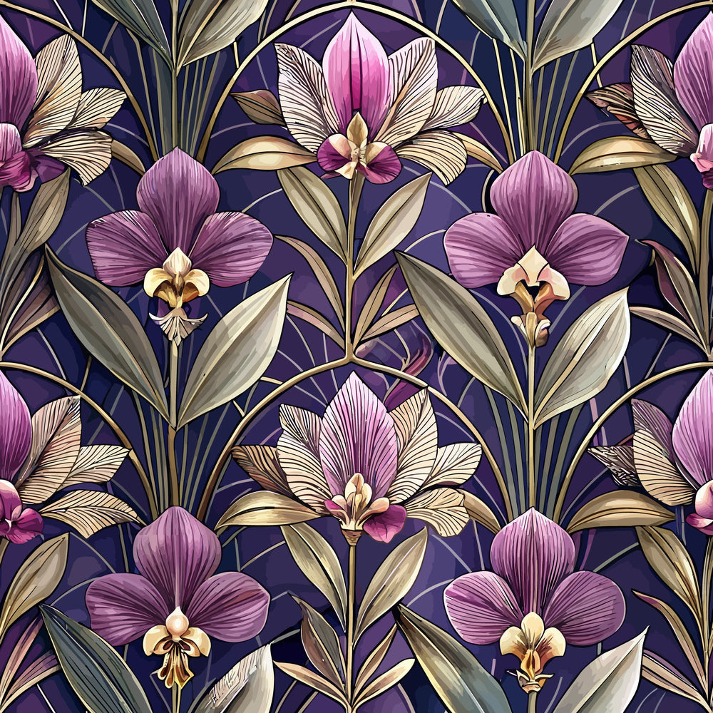 purple orchids, art deco florals, deep navy background, mauve petals, golden accents, geometric circles, tropical flowers, elegant blooms, vintage botanical,, fabric panel, sophisticated pattern, luxurious design, floral motifs, ornate leaves, repeating design, jewel tones, decorative flowers, stylized orchids, rich purples