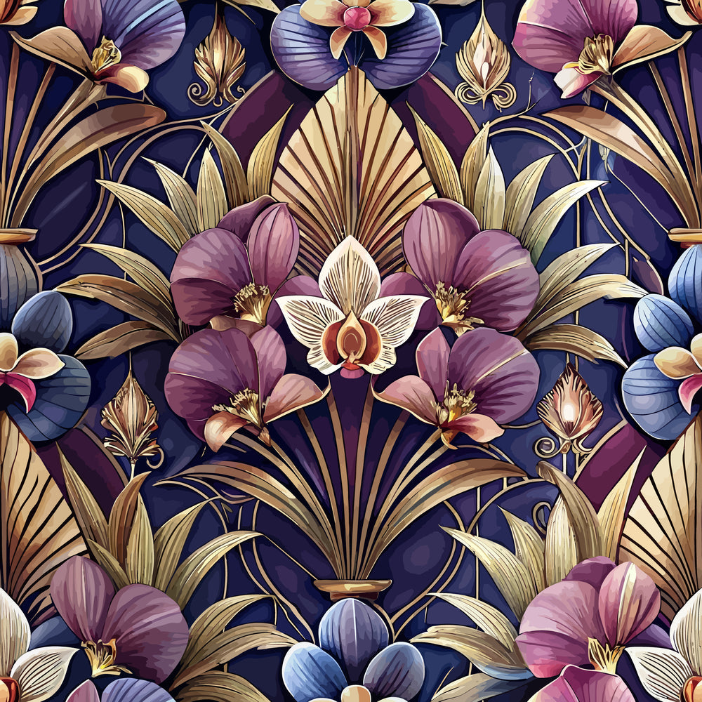 art deco, floral pattern, orchids, purple flowers, navy blue background, gold accents, geometric florals, fan motifs, botanical design,, fabric panel, elegant blooms, vintage style, decorative leaves, symmetrical pattern, luxurious colors, ornate design, stylized flowers, deep purple, bronze tones