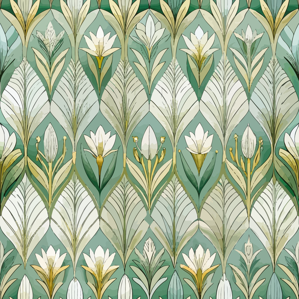 sage green, cream white, golden yellow, art deco pattern, floral motifs, lotus flowers, geometric diamonds, stylized leaves, elegant design, botanical elements, repeating pattern,, fabric panel, vintage style, ornate florals, symmetrical design, decorative motifs, soft palette, crafting fabric
