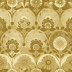golden yellow, mustard gold, cream, beige, art deco, floral pattern, geometric flowers, circular motifs, radiating petals, stylized blooms, repeating design, vintage inspired, retro style, ornamental, decorative circles, botanical elements,, fabric panel, seamless pattern, monochromatic scheme