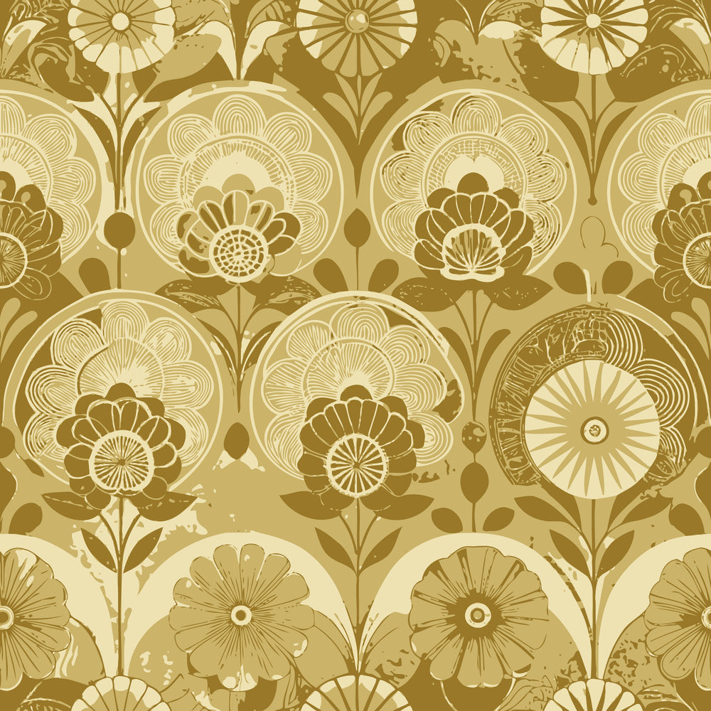 golden yellow, mustard gold, cream, beige, art deco, floral pattern, geometric flowers, circular motifs, radiating petals, stylized blooms, repeating design, vintage inspired, retro style, ornamental, decorative circles, botanical elements,, fabric panel, seamless pattern, monochromatic scheme