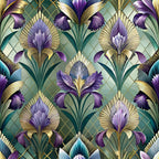 purple, gold, teal, green, art deco, floral pattern, iris flowers, geometric background, diamond lattice, stylized blooms, ornate design, repeating motif, vintage style, luxurious,, fabric panel, botanical elements, decorative florals, elegant pattern, metallic accents