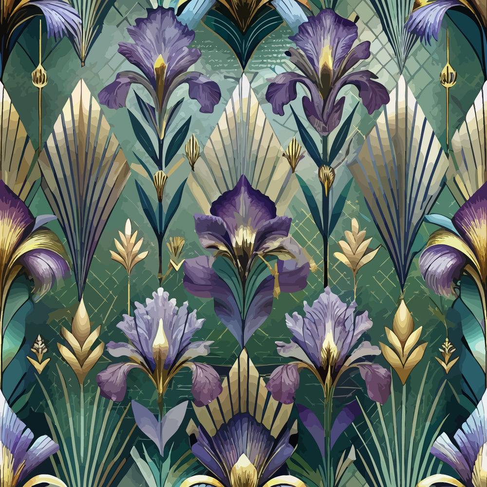 purple flowers, iris blooms, art deco style, geometric patterns, emerald green, gold accents, fan motifs, botanical design,, fabric panel, luxury pattern, stylized florals, vintage inspired, jewel tones, decorative elements, ornate design, floral motifs, sophisticated palette