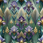 purple flowers, iris blooms, art deco style, geometric patterns, emerald green, gold accents, fan motifs, botanical design,, fabric panel, luxury pattern, stylized florals, vintage inspired, jewel tones, decorative elements, ornate design, floral motifs, sophisticated palette