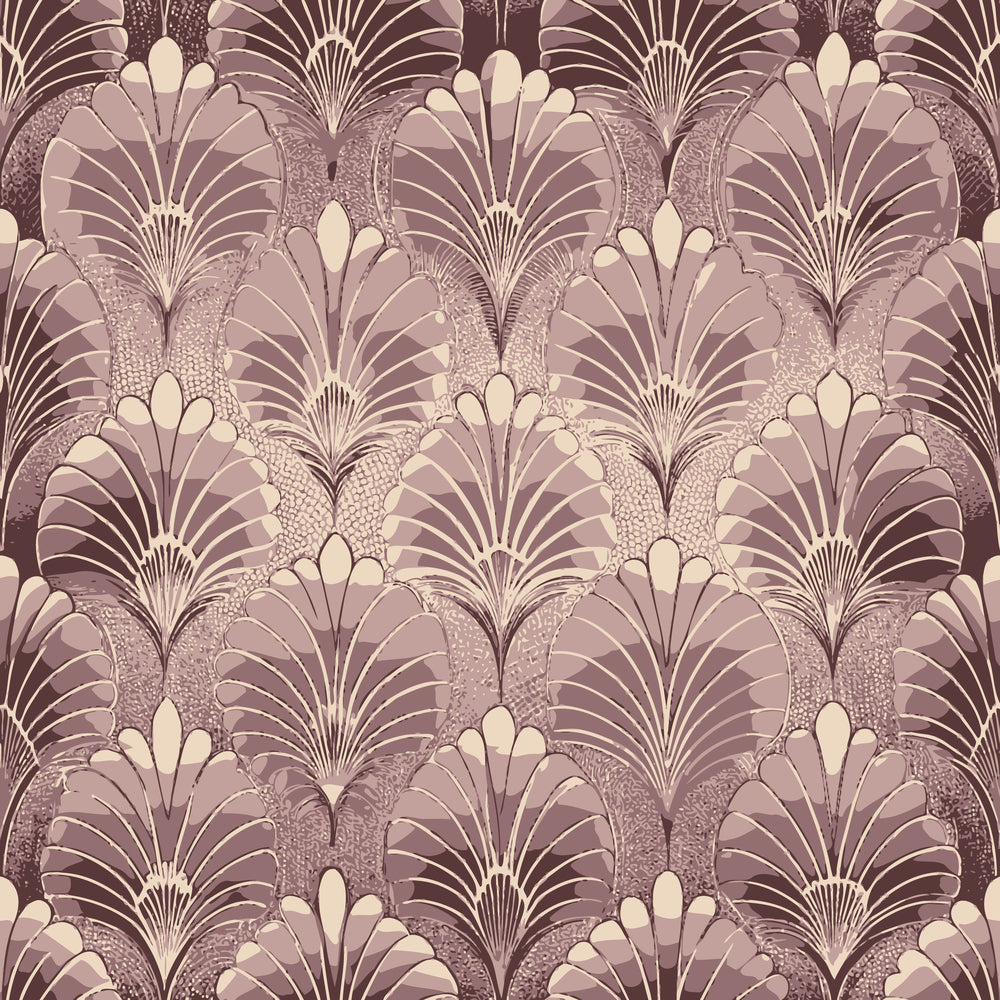 mauve, dusty rose, cream, beige, art deco, fan pattern, floral motifs, geometric design, vintage style, repeating pattern,, fabric panel, ornamental, stylized flowers, peacock feathers, shell design, decorative elements, muted tones, elegant pattern, retro aesthetic