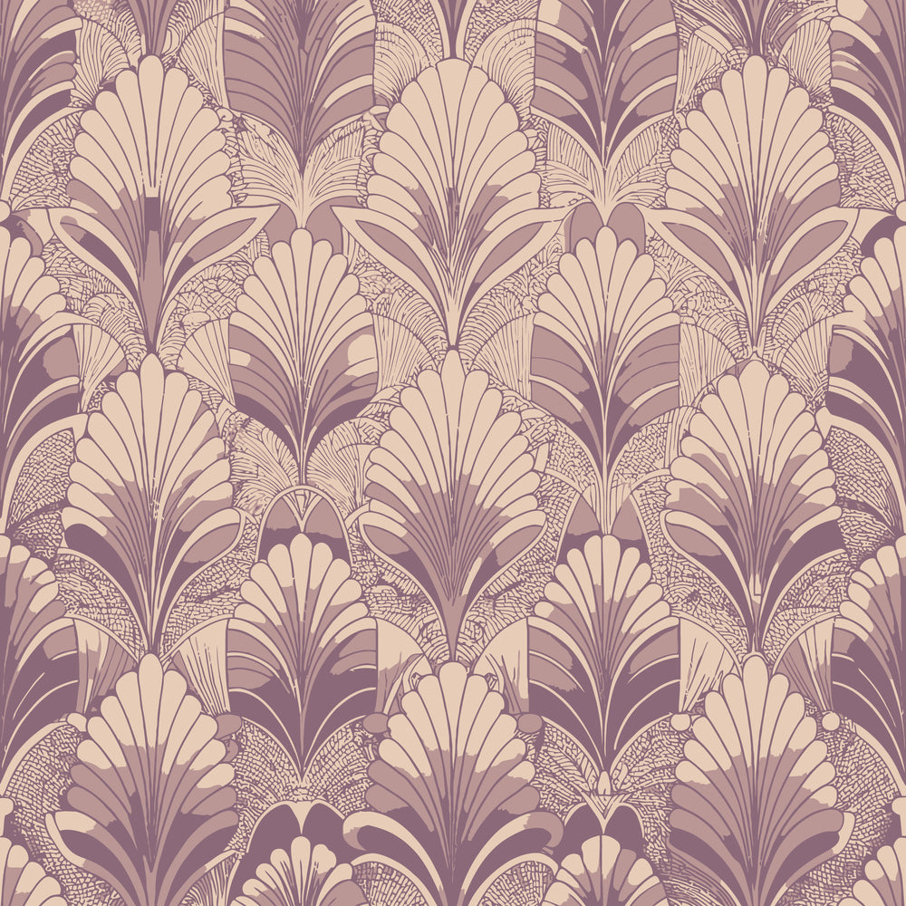mauve, dusty rose, cream, beige, art deco, fan motifs, shell patterns, geometric florals, radiating designs, vintage style, repeating pattern, ornate details, 1920s inspired, elegant motifs,, fabric panel, decorative elements, stylized flowers, symmetrical design, retro aesthetic
