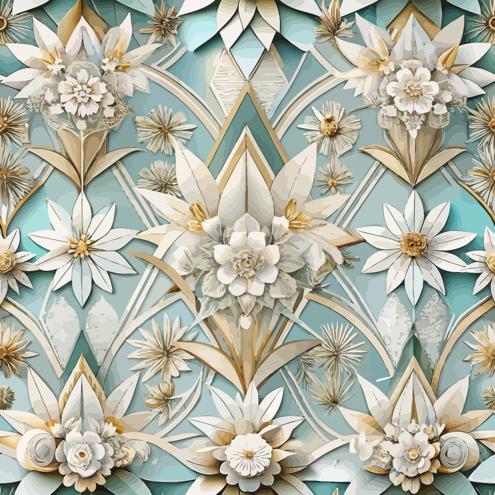 art deco, floral pattern,, fabric panel, turquoise background, white flowers, gold accents, geometric design, stylized blooms, dimensional effect, paper cut style, layered petals, botanical motif, mint green, cream colored, ornate florals, repeating pattern, decorative flowers, elegant design, vintage inspired
