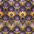 art deco, purple, gold, geometric florals, fan motifs, scalloped patterns, ornate design,, fabric panel, vintage style, jewel tones, repeating pattern, decorative motifs, luxury aesthetic, 1920s inspired, ornamental flowers, metallic accents, sophisticated design, textile craft