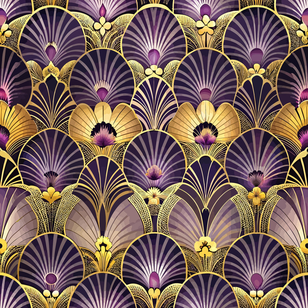 art deco, purple, gold, geometric florals, fan motifs, scalloped patterns, ornate design,, fabric panel, vintage style, jewel tones, repeating pattern, decorative motifs, luxury aesthetic, 1920s inspired, ornamental flowers, metallic accents, sophisticated design, textile craft