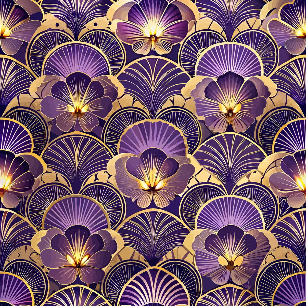 purple, gold, pansy flowers, art deco, floral pattern, radiating lines, geometric florals, luxurious, elegant,, fabric panel, violet petals, metallic accents, repeating motif, stylized blooms, ornate design, vintage inspired, sophisticated palette, decorative flowers