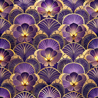 purple, gold, pansy flowers, art deco, floral pattern, radiating lines, geometric florals, luxurious, elegant,, fabric panel, violet petals, metallic accents, repeating motif, stylized blooms, ornate design, vintage inspired, sophisticated palette, decorative flowers