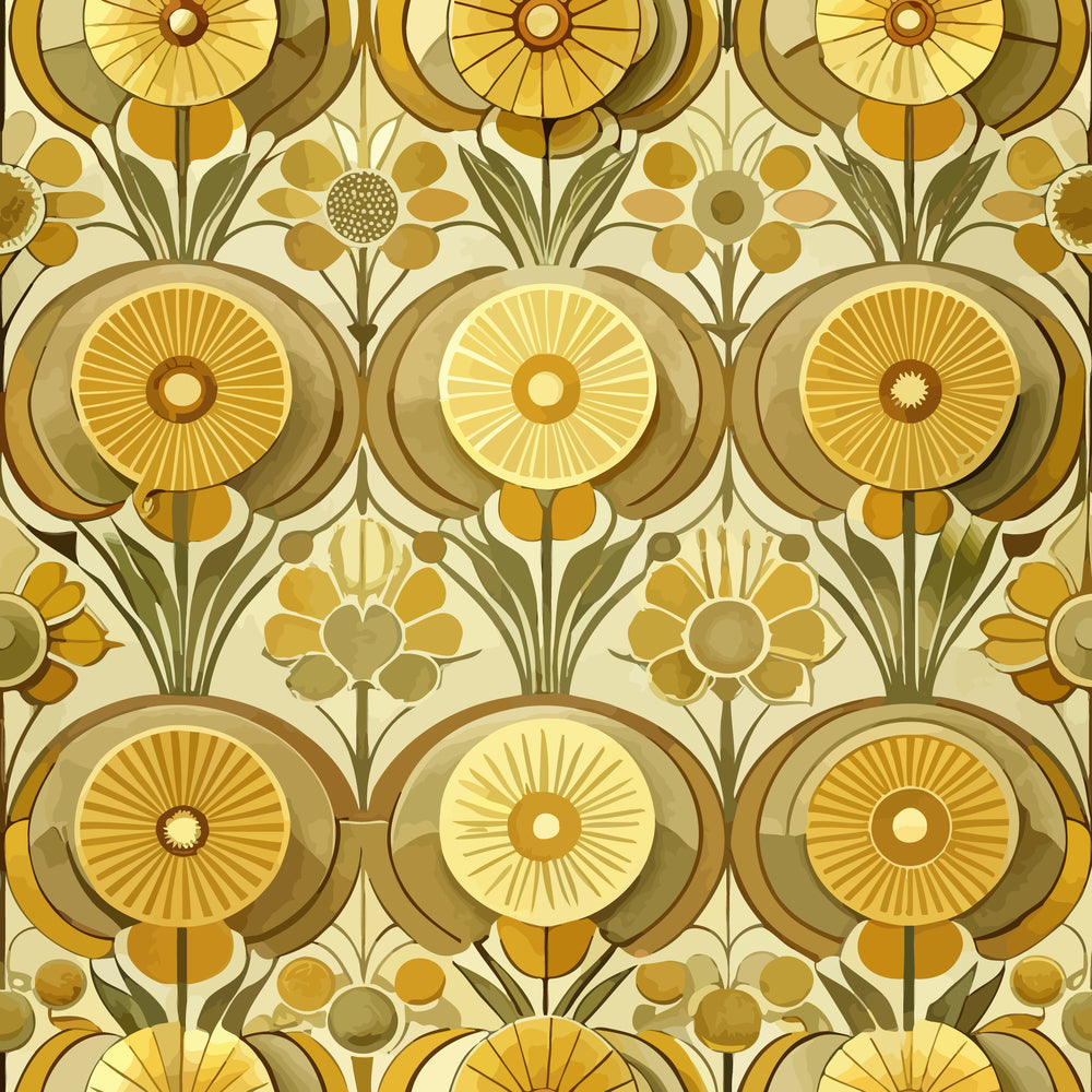 golden yellow, amber, olive green, cream, beige, art deco, floral pattern, geometric flowers, sunburst motifs, radiating circles, stylized blooms, retro design, 1920s style,, fabric panel, repeating pattern, vintage inspired, warm tones, decorative florals, modernist style