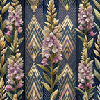 art deco, floral pattern, purple flowers, golden geometric shapes, navy blue background, botanical design,, fabric panel, lavender blooms, wheat stalks, diamond motifs, vintage style, elegant florals, triangular elements, sophisticated pattern, repeating design, textile art, craft fabric, decorative motifs, luxurious aesthetic