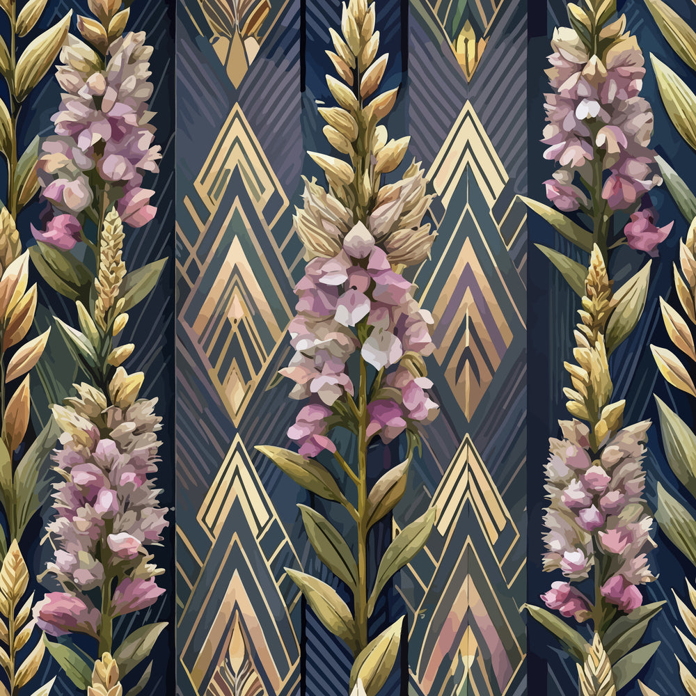art deco, floral pattern, purple flowers, golden geometric shapes, navy blue background, botanical design,, fabric panel, lavender blooms, wheat stalks, diamond motifs, vintage style, elegant florals, triangular elements, sophisticated pattern, repeating design, textile art, craft fabric, decorative motifs, luxurious aesthetic