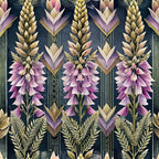art deco, floral pattern, purple flowers, foxglove blooms, navy background, geometric chevrons, golden wheat stalks, botanical illustration, vintage style,, fabric panel, elegant motifs, structured design, sophisticated palette, decorative elements, repeating pattern, ornamental florals, stylized botanicals, luxurious aesthetic