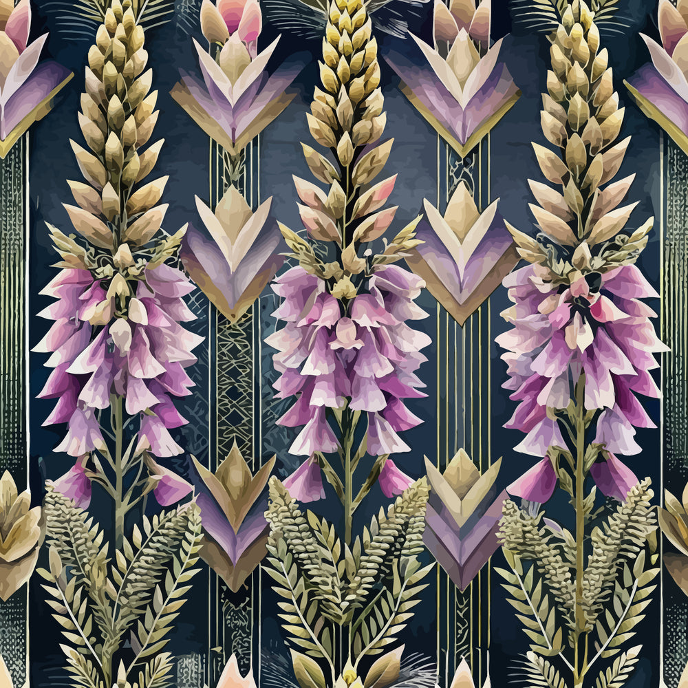art deco, floral pattern, purple flowers, foxglove blooms, navy background, geometric chevrons, golden wheat stalks, botanical illustration, vintage style,, fabric panel, elegant motifs, structured design, sophisticated palette, decorative elements, repeating pattern, ornamental florals, stylized botanicals, luxurious aesthetic