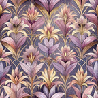 art deco, floral pattern, lilies, purple, lavender, mauve, gold accents, cream, dusty rose, botanical design, stylized flowers, repeating pattern, elegant motif, vintage style,, fabric panel, sophisticated palette, ornamental design, decorative florals, muted tones
