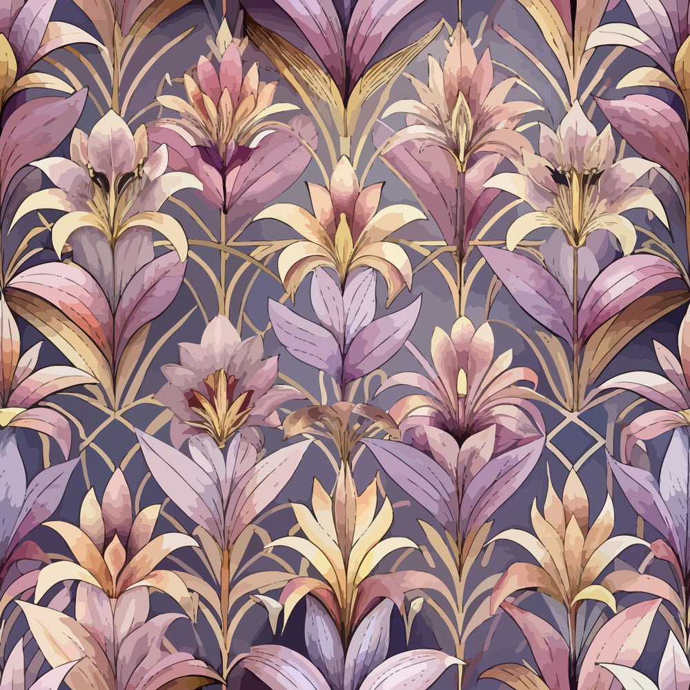 art deco, floral pattern, lilies, purple, lavender, mauve, gold accents, cream, dusty rose, botanical design, stylized flowers, repeating pattern, elegant motif, vintage style,, fabric panel, sophisticated palette, ornamental design, decorative florals, muted tones