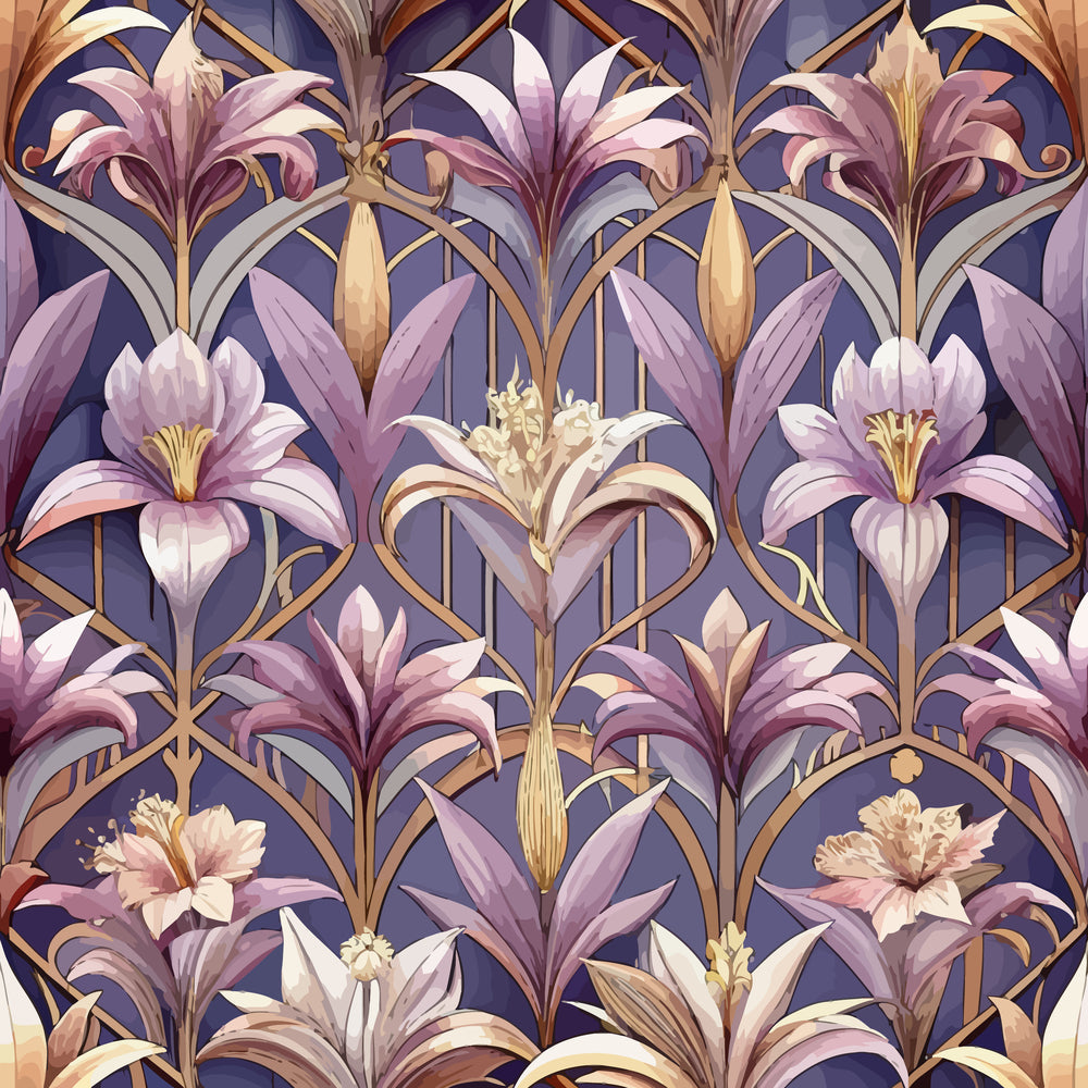 purple, lavender, gold, cream, navy blue, lilies, floral pattern, art deco, geometric florals, botanical design, stylized flowers,, fabric panel, elegant motif, vintage style, repeating pattern, decorative lilies, purple blooms, ornamental design, sophisticated palette
