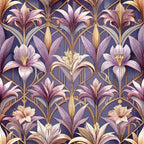 purple, lavender, gold, cream, navy blue, lilies, floral pattern, art deco, geometric florals, botanical design, stylized flowers,, fabric panel, elegant motif, vintage style, repeating pattern, decorative lilies, purple blooms, ornamental design, sophisticated palette