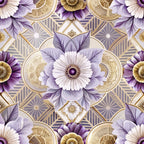 purple flowers, lavender petals, gold accents, art deco pattern, geometric design, floral motif,, fabric panel, ornate details, symmetrical design, vintage style, decorative elements, botanical print, repeating pattern, elegant florals, metallic gold, soft purple, diamond shapes, radiating lines, intricate borders