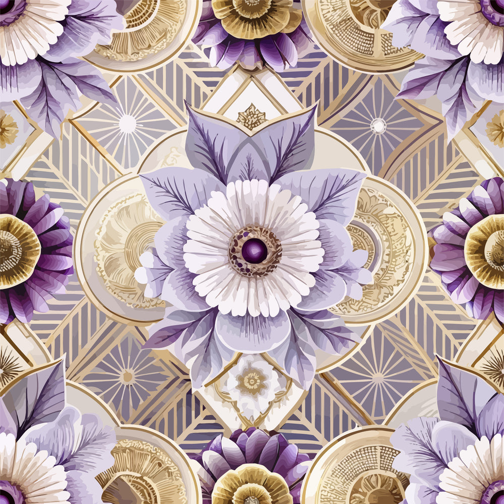 purple flowers, lavender petals, gold accents, art deco pattern, geometric design, floral motif,, fabric panel, ornate details, symmetrical design, vintage style, decorative elements, botanical print, repeating pattern, elegant florals, metallic gold, soft purple, diamond shapes, radiating lines, intricate borders