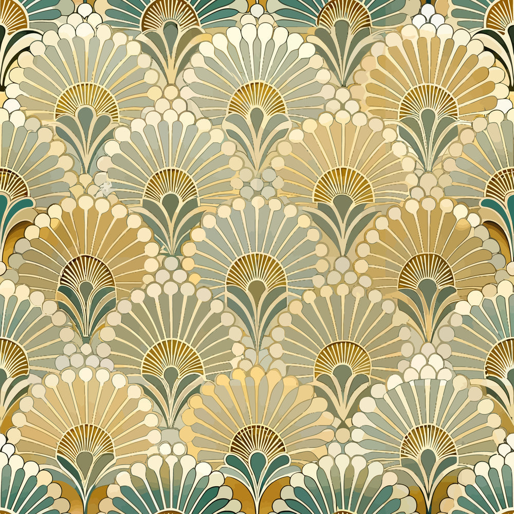 art deco, geometric florals, fan motifs, peacock feathers, cream, sage green, golden yellow, teal, beige, radiating patterns, symmetrical design, vintage style, ornamental, scalloped shapes,, fabric panel, repeating motifs, sunburst design, decorative elements, retro aesthetic