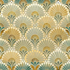 art deco, geometric florals, fan motifs, peacock feathers, cream, sage green, golden yellow, teal, beige, radiating patterns, symmetrical design, vintage style, ornamental, scalloped shapes,, fabric panel, repeating motifs, sunburst design, decorative elements, retro aesthetic
