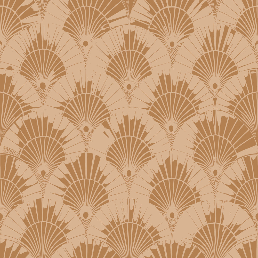 art deco, geometric pattern, fan motif, peacock feathers, radiating design, golden brown, tan, beige, caramel, warm tones, repeating pattern, vintage style, 1920s inspired, scalloped shapes,, fabric panel, sunburst design, elegant motif, retro pattern