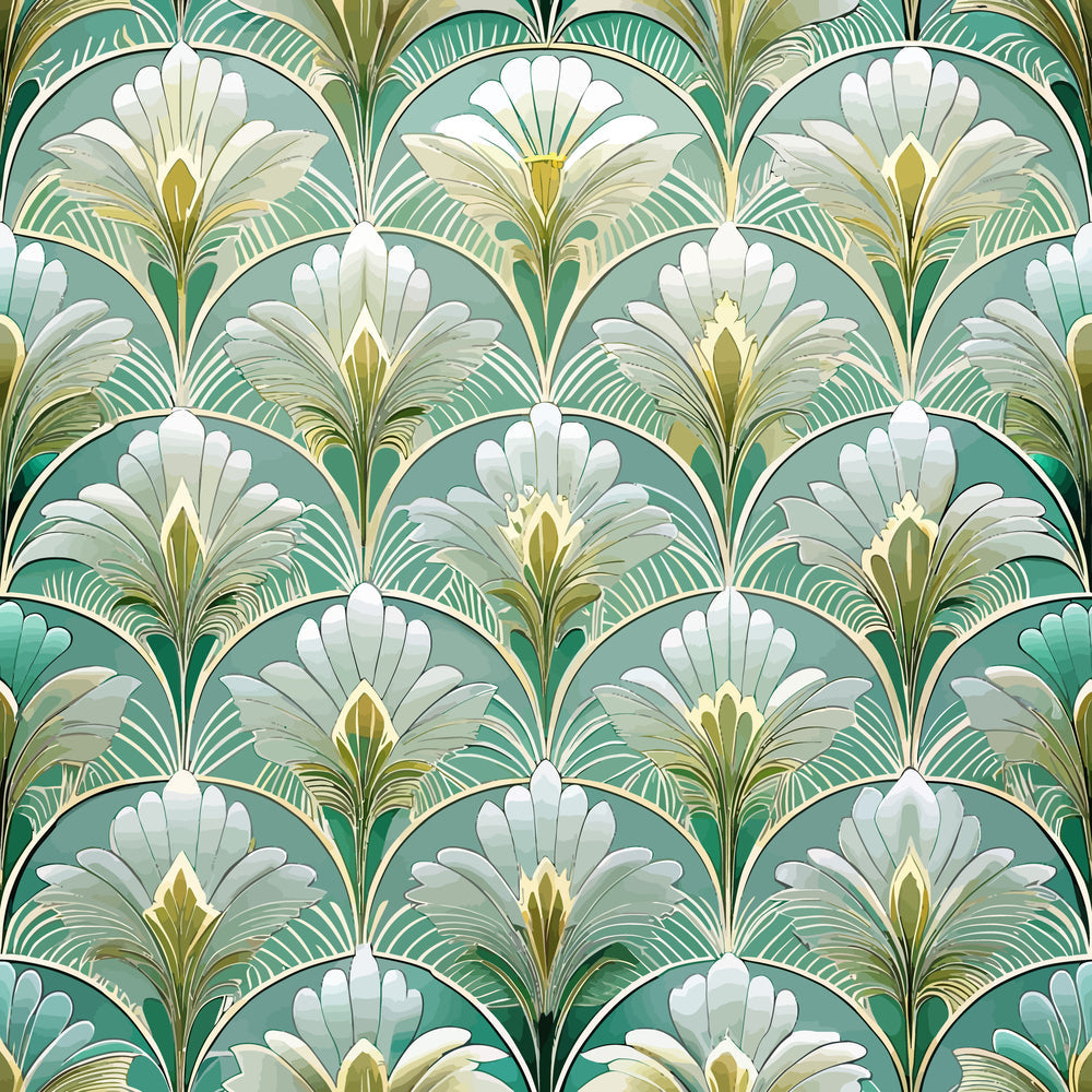 sage green, teal, cream, white, gold accents, art deco pattern, fan motifs, shell designs, geometric florals, repeating pattern, stylized leaves, vintage style, elegant design,, fabric panel, 1920s inspired, luxurious feel, sophisticated palette, decorative motifs, ornamental design