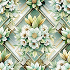 sage green, white flowers, gold accents, geometric diamonds, art deco style, floral pattern, botanical motifs, soft pastels,, fabric panel, elegant blooms, layered design, vintage inspired, sophisticated palette, decorative florals, cream petals, mint green, luxurious feel