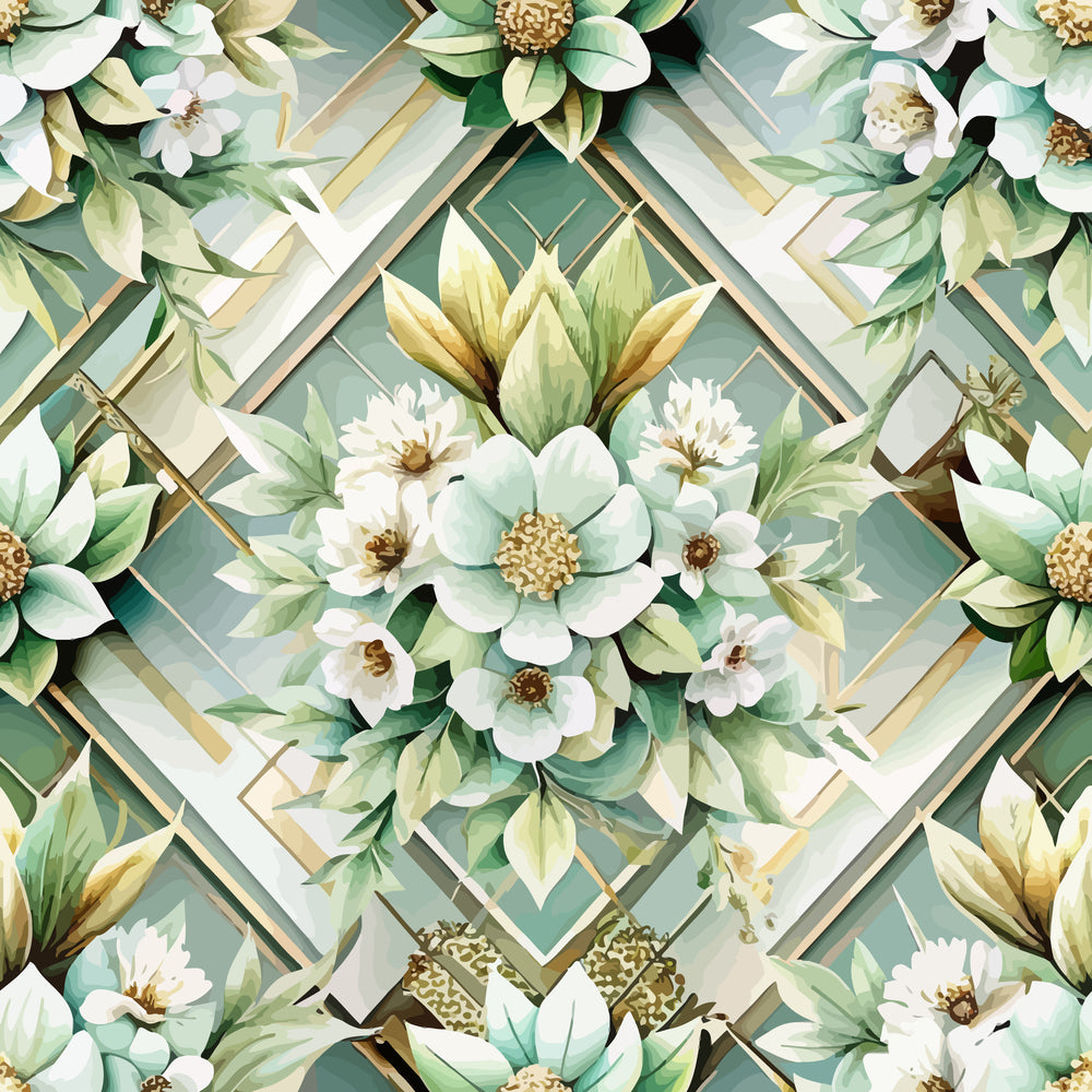 sage green, white flowers, gold accents, geometric diamonds, art deco style, floral pattern, botanical motifs, soft pastels,, fabric panel, elegant blooms, layered design, vintage inspired, sophisticated palette, decorative florals, cream petals, mint green, luxurious feel