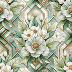 sage green, cream white, gold accents, copper trim, white flowers, geometric shapes, art deco pattern, botanical motifs, floral arrangement,, fabric panel, elegant design, vintage style, sophisticated palette, layered petals, leaf patterns, diamond shapes, seamless repeat, soft pastels, nature inspired